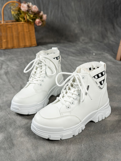 gfhfgjjfg Women's Casual High-Top Platform Ankle Boots with Lace-Up Closure, Thick Rubber Sole & Faux Cover Upper - Winter Warm Round Toe Boots for Casual Attire (Black/White/Beige), Comfortable Footwear, Durable Traction Foo