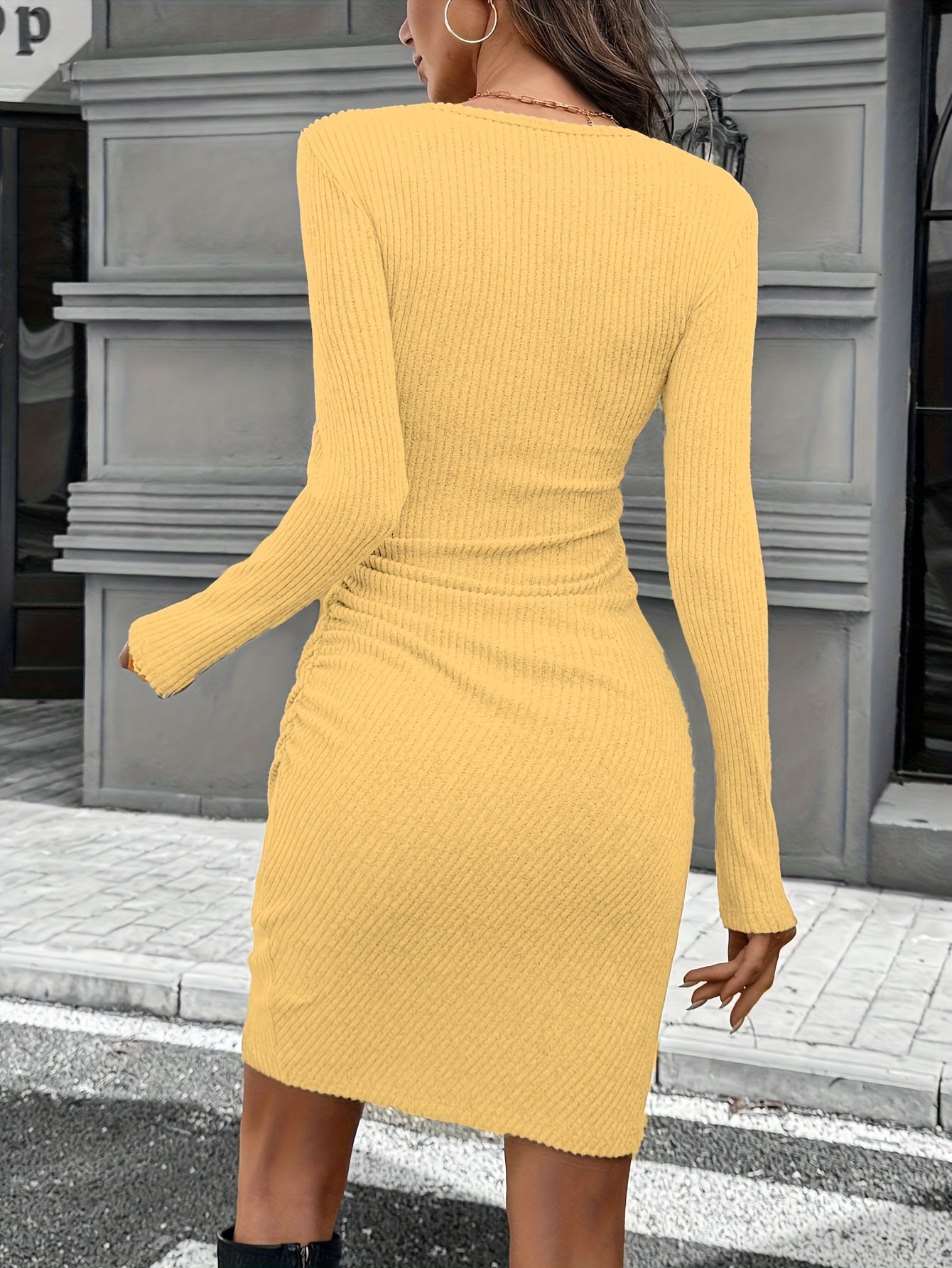 An Elegant Brushed Stretch Ribbed Dress for Women, Featuring an Asymmetrical Design, Perfect for Everyday Wear, Commuting, And Party Outfits.