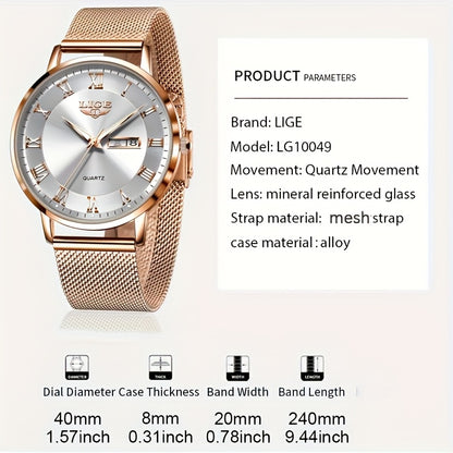 LIGE Women's Elegant Stainless Steel Quartz Watch with Date