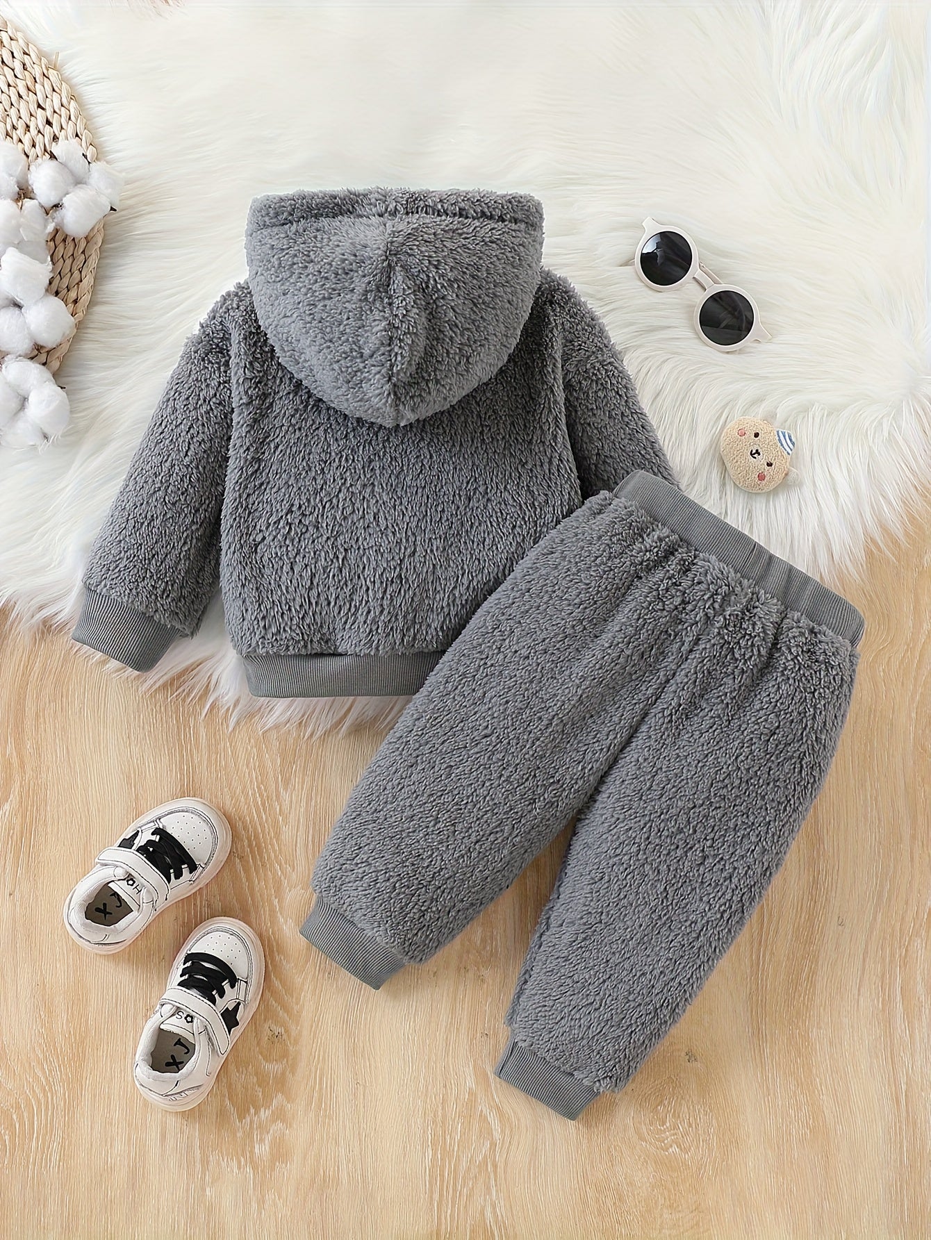 JOPGEEY 2pcs Baby Winter Outfit Set - Cute Plush Hooded Long Sleeve Romper & Pants with 3D Animal Ear Applique (Bears/Cats/Dogs), Soft Stretch Fabric, Machine Washable Cozy for &, Perfect for Outdoor