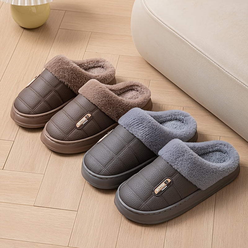 Men's Large PU Faux Leather Slippers Thick EVA Sole Warm Slip-On