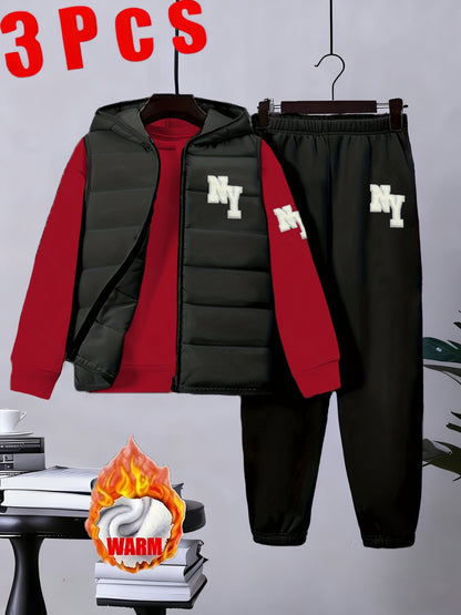 3pcs Boys' Winter Warm Uniform Set - NY Logo Lettered Jacket, Sweatshirt & Pants with Numbered Parch-Like Strips (8-12 Years) | Machine Washable 3pcs Outfit for, & Cold Weather | Non-Stretch Layered Clothing, Perfect for Outd