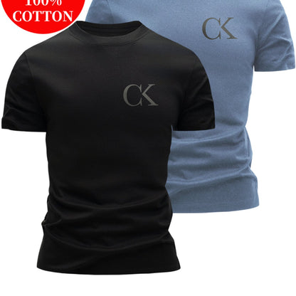 2pcs 100% Cotton Men's T-Shirts, Summer Short Sleeve Slim Fit Tops, Trendy Versatile Casual Basic Style with Minimalist CK Letter Print on Chest for  Flair - ayq