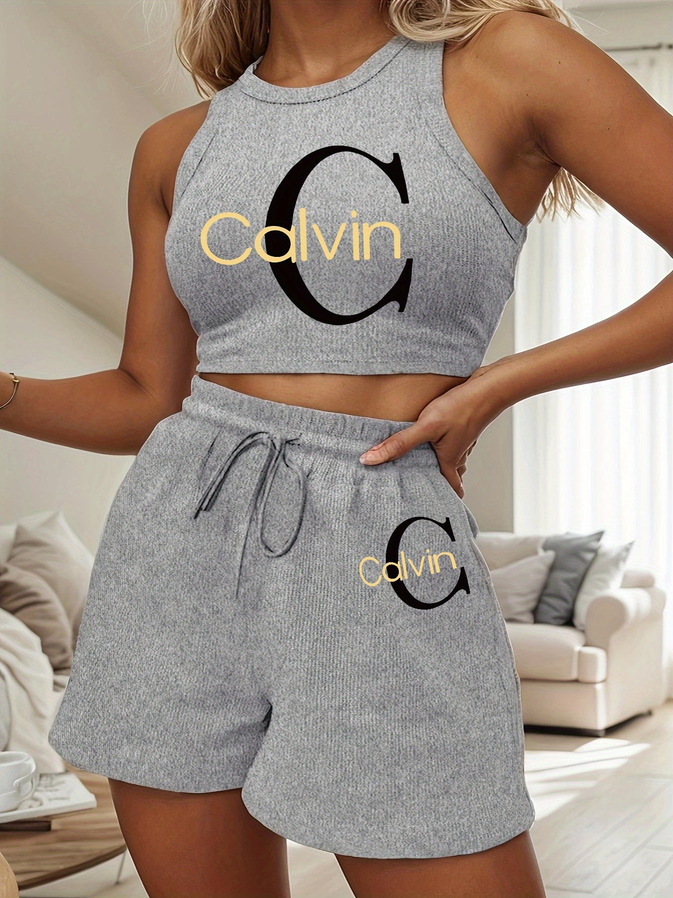 Women's Casual Two-Piece Set with Graphic Print Vest & Shorts