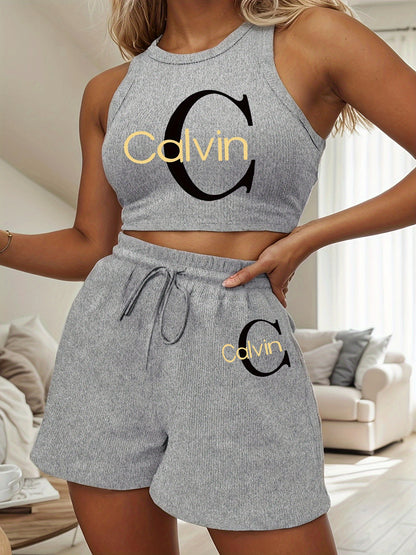 Women's Casual Two-Piece Set with Graphic Print Vest & Shorts