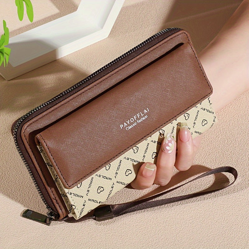 Classic PU Women'S Wallet, Long, Color-Block, Double-Layer Design, Zipper Closure, Zip Pocket, Photo Separation Layer, Nylon Lining, Continental Form Factor, with Positioning Printing for Women