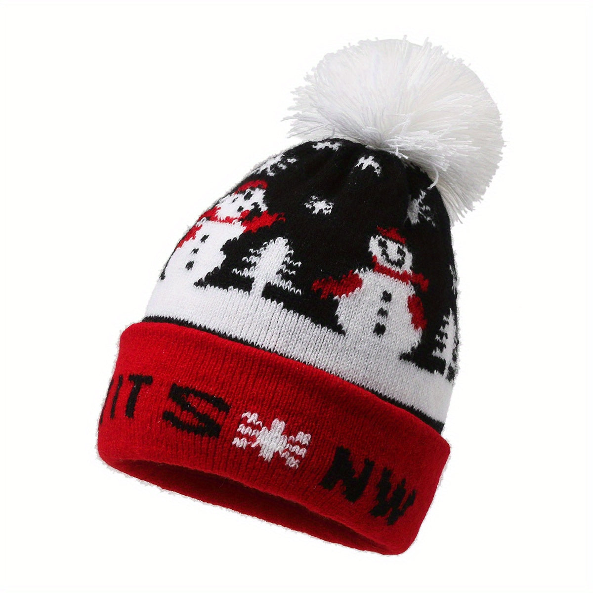 Unisex Adult & Youth Stretch Knit Beanie Hat Set with Deer & Reindeer Ears - Warm Winter Pom-Pom Christmas Cap, Red/White/Black, Hand Washable, Festive New Year's & Xmas Party Outfits, Casual Winter Wear, Deer Face Design wit