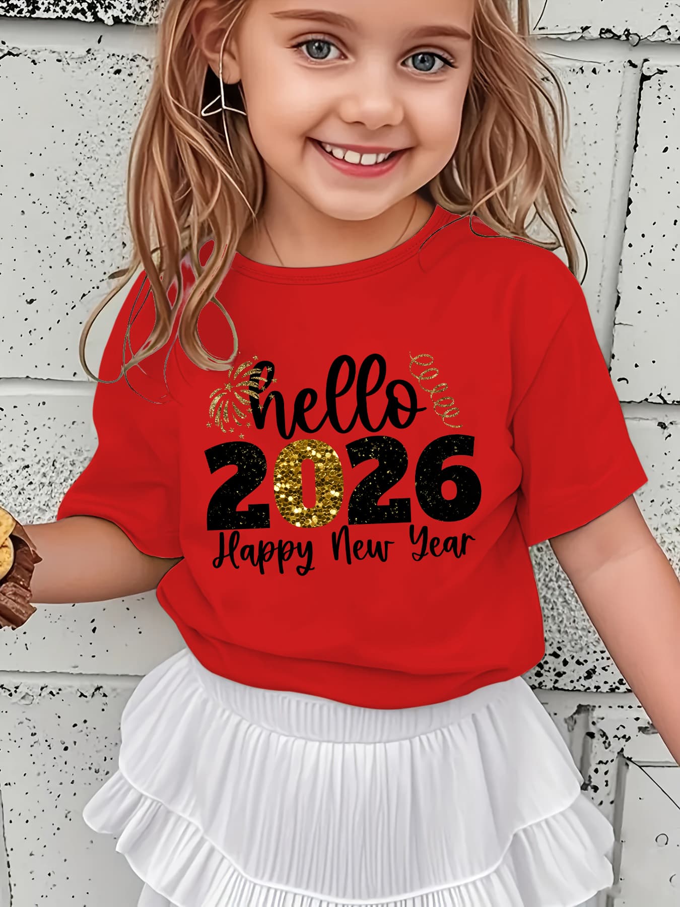 Girls' 2026 New Year T-Shirt - Hello 2026 Happy New Year Graphic Tee with Golden Number 2026, Heart, & Golden Lettering - Lightweight Summer Top for Birthday Party, Girls Clothes