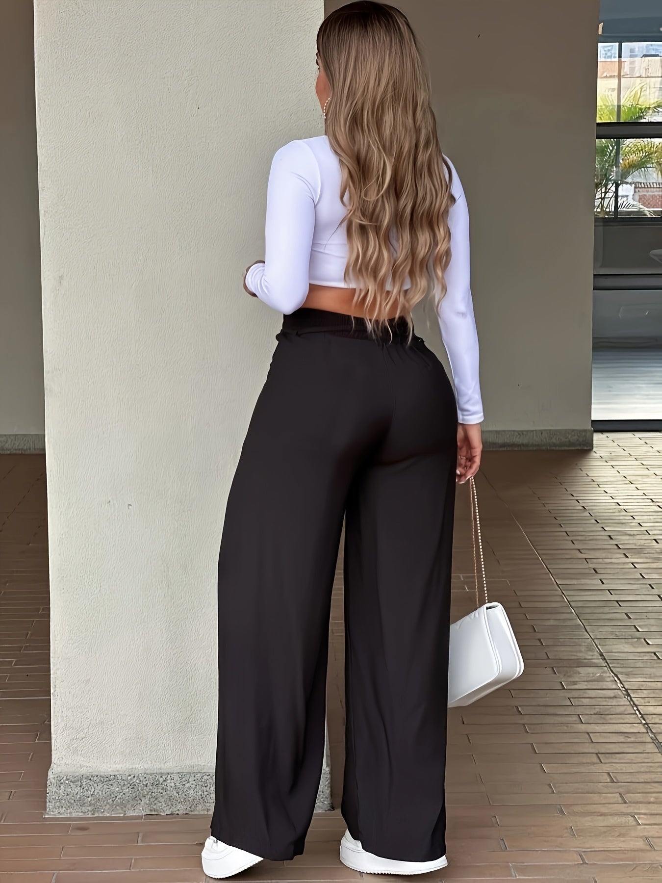 Casual High Waist Wide Leg Pants with Drawstring for Spring