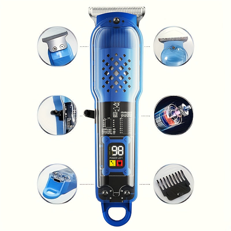 Professional Cordless Hair Clipper with Digital Display | Transparent Barber Trimmer with 4 Limiting Comb, USB Rechargeable, High-Quality, ABS Plastic Body, for Salon, Home, Travel