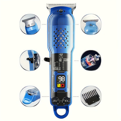 Professional Cordless Hair Clipper with Digital Display | Transparent Barber Trimmer with 4 Limiting Comb, USB Rechargeable, High-Quality, ABS Plastic Body, for Salon, Home, Travel