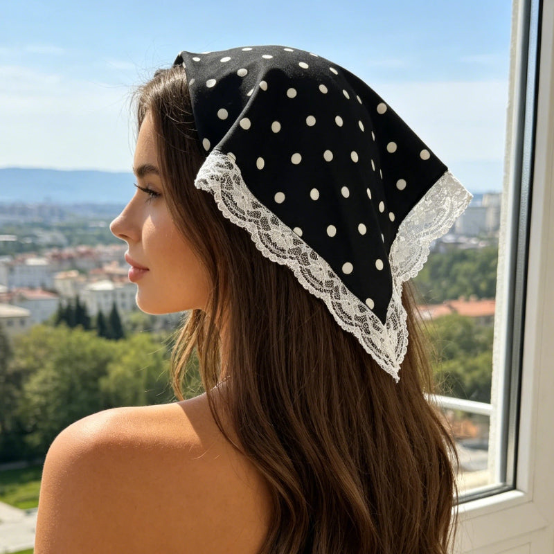 Women’s Stretch Lace Trim Polka Dot Bandana Headscarf