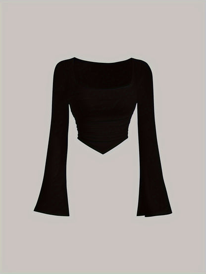 Women'S Elegant Square Neck Solid Color T-Shirt, Polyester Knit Fabric, Short Length, Stretchy Slim Fit, Spring/Fall Fashion Top