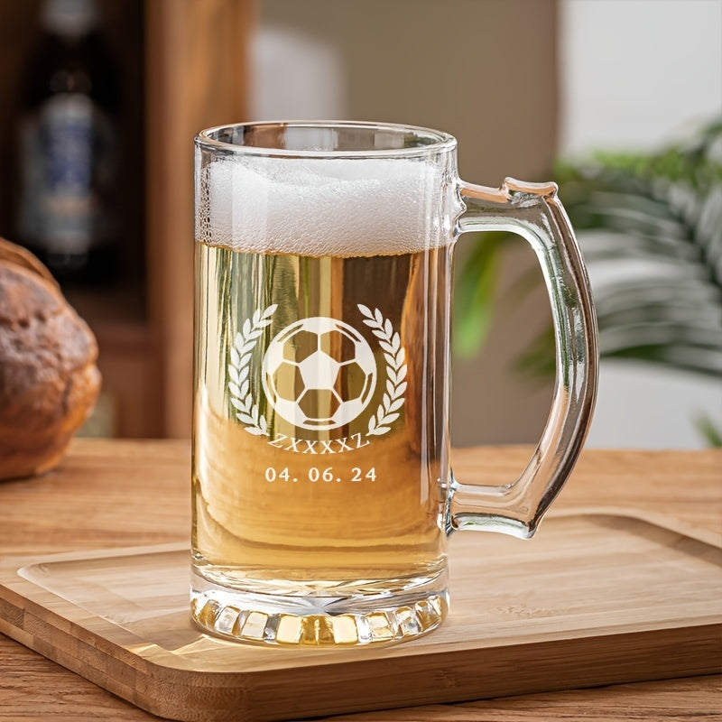 Football-Themed Engraved Glass Beer Mug with Handle