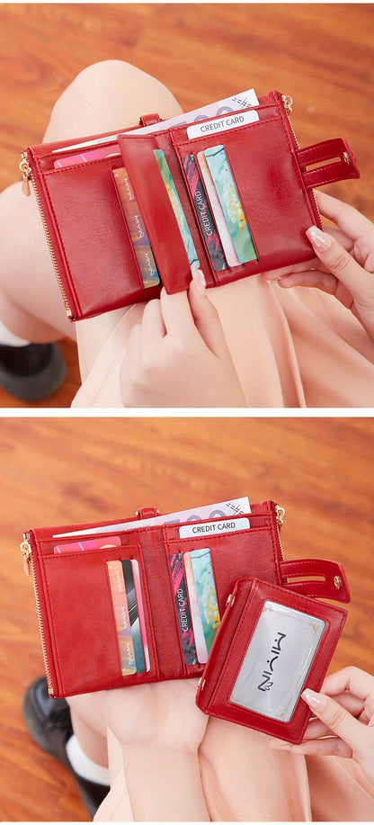 MIYIN Women'S & Men'S Red Bifold Wallet with Anti-Theft Chain Lock, Golden-Tone Hardware & Removable ID Window - Multi-Compartment Organizer with Card Slots