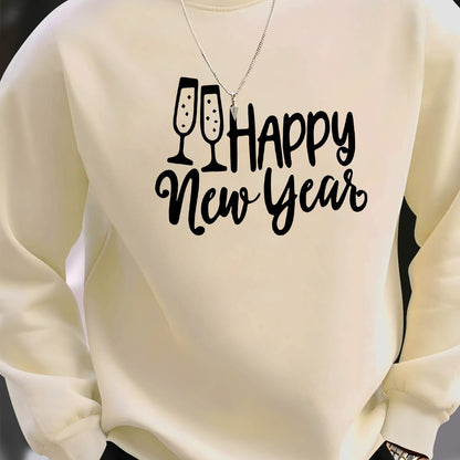 Men's Happy New Year Print Sweater - Champagne Glass & Confetti Design, Round Neck Casual Pullover, Machine Washable Winter Warmth, Comfortable Knit Sweater for Parties & Casual Attire (New Year's Eve Outfits) - Stylish Men's