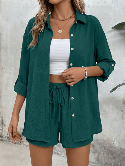 Women's Casual Long-Sleeve Shirt & High-Waist Shorts Set for Spring/Su