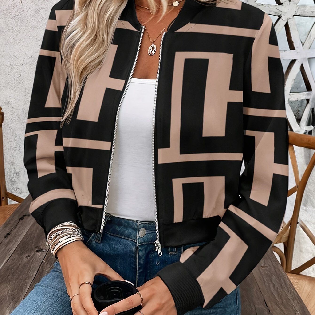 Women's Lightweight Geometric Print Zip-Up Bomber Jacket - Casual Long Sleeve, Machine Washable