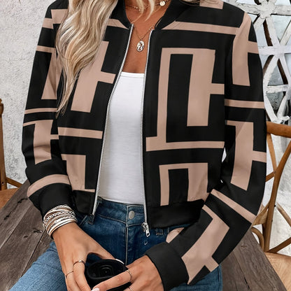 Women's Lightweight Geometric Print Zip-Up Bomber Jacket - Casual Long Sleeve, Machine Washable
