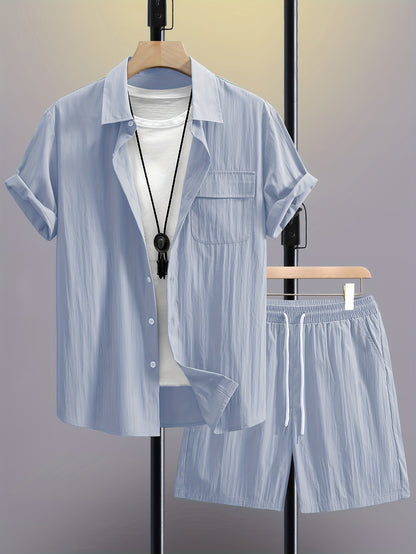 Men's Summer 2pcs Set: Casual Fashion Beige Short Sleeve Collared Shirt & Drawstring Shorts - Lightweight Blend, Ideal for Beach Vacations