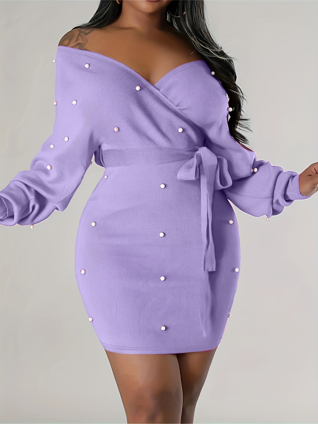 Women'S Clothing: Off-Shoulder Dress with Long Sleeves And Beaded Bodycon Style