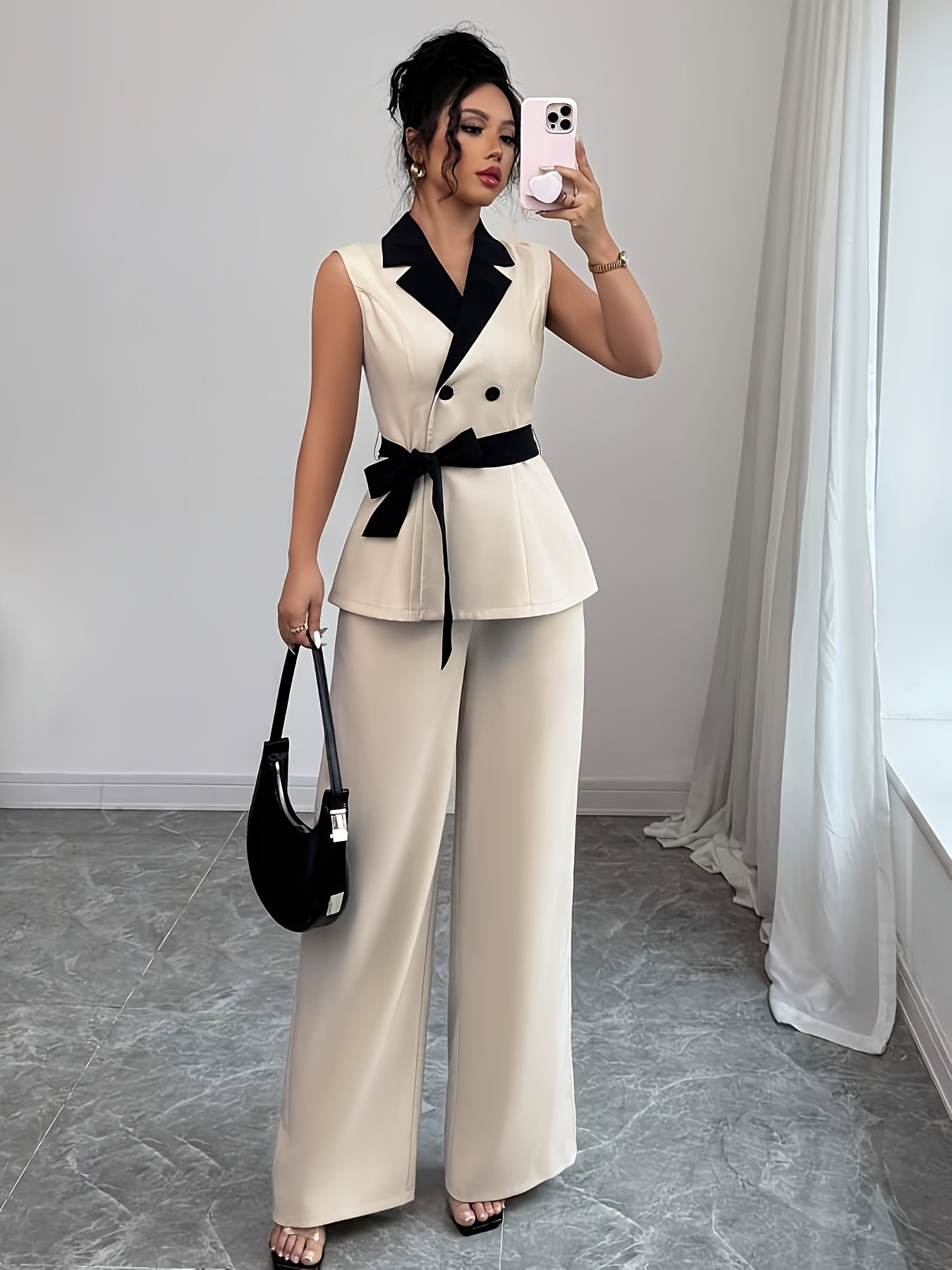 Elegant Sleeveless Blazer & Wide-Leg Pants Set for Women - Chic Black & White Two-Tone with Bow Tie Waist, Perfect for Office or Casual Outfits, Office Attire|Sleek Formal Attire|Polyester Fabric