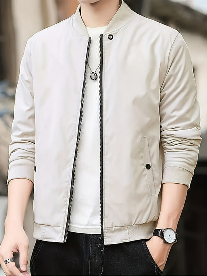 1pc Men'S Casual Stand Collar Bomber Jacket, Solid Color Long Sleeve Non-Stretch Woven Acetate with Pockets, Polyester Lined Zip-Up Lightweight Outerwear for Spring/Fall