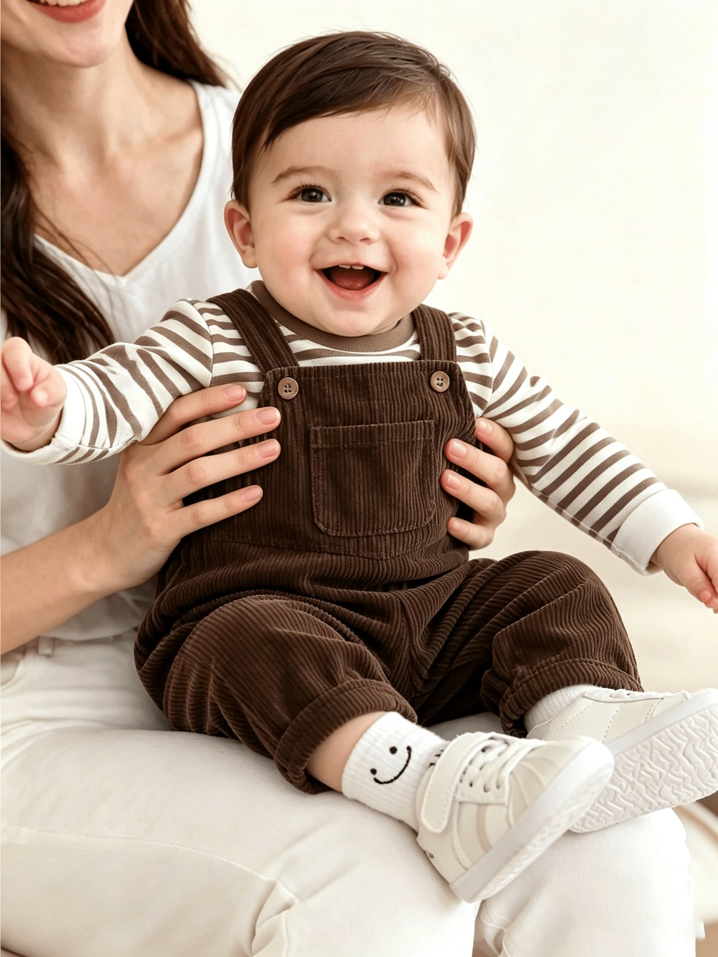 Baby Boys' Coffee-Stripe Long-Sleeve Overalls Set, Casual 2-Piece