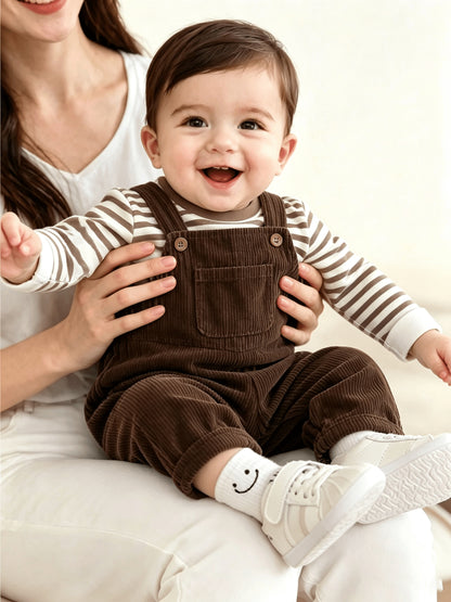 Baby Boys' Coffee-Stripe Long-Sleeve Overalls Set, Casual 2-Piece