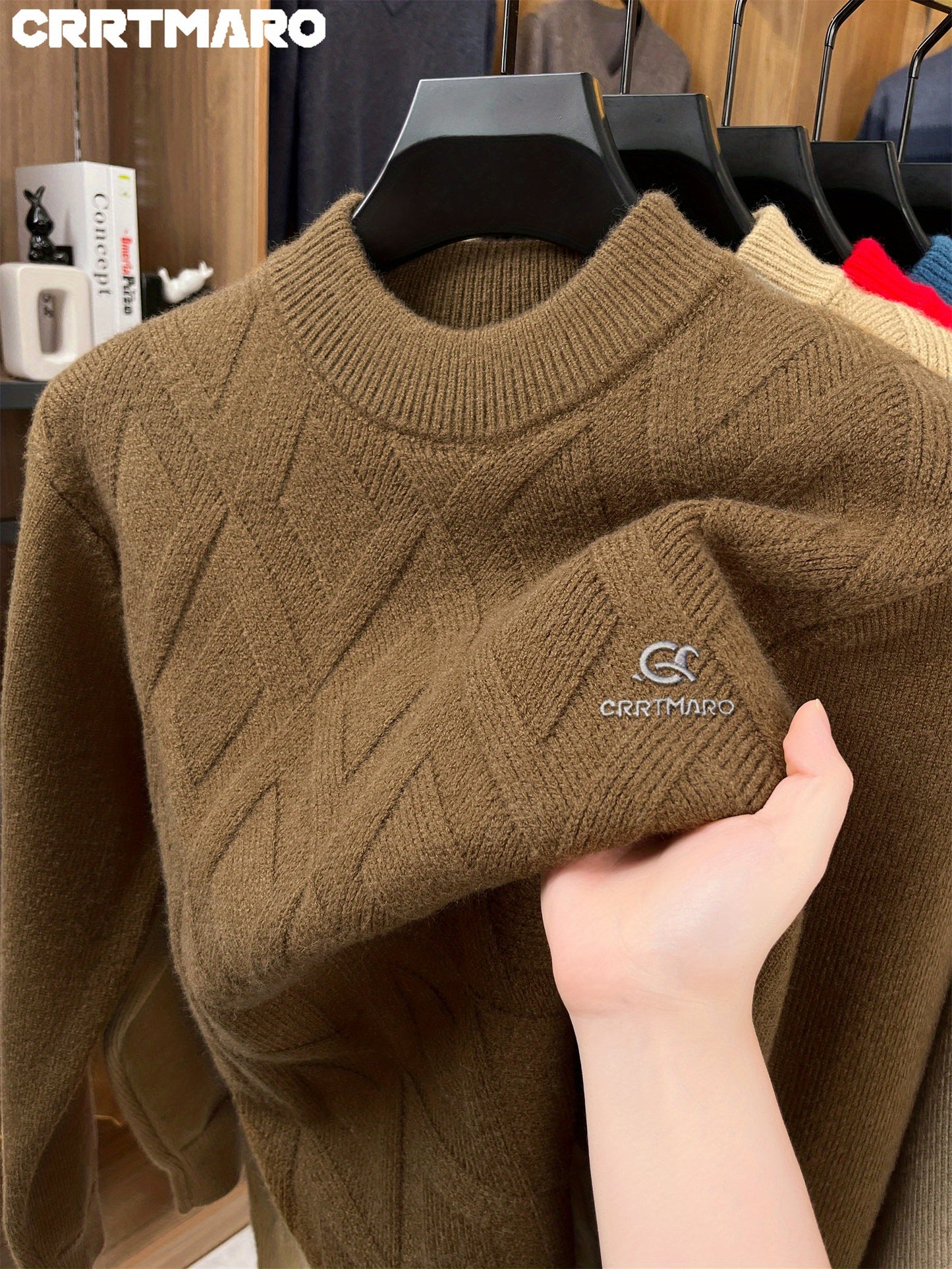 KATMARO ասեղնագործված սվիտեր տղամարդկանց համար, կլոր վզնոցով, տաք աշնանային և ձմռան համար, խիտ բրդյա, կիսաբարձր օձիքով հիմք, Shengyida-ի առօրյա տղամարդու հագուստ