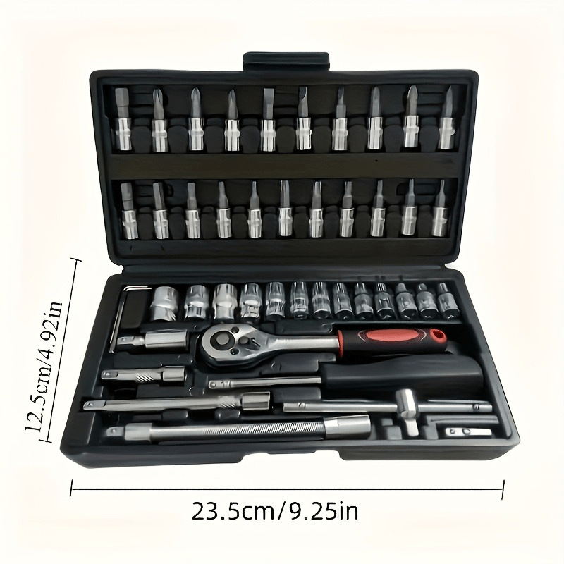 46pcs Heavy-duty Carbon Steel Auto Repair Tool Set | Includes Ratchet Wrenches, Sockets, Shockproof Toolbox, and Additions - Ideal for Projects and Auto Maintenance