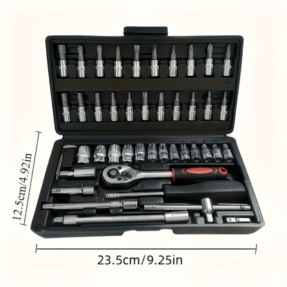 46pcs Heavy-duty Carbon Steel Auto Repair Tool Set | Includes Ratchet Wrenches, Sockets, Shockproof Toolbox, and Additions - Ideal for Projects and Auto Maintenance