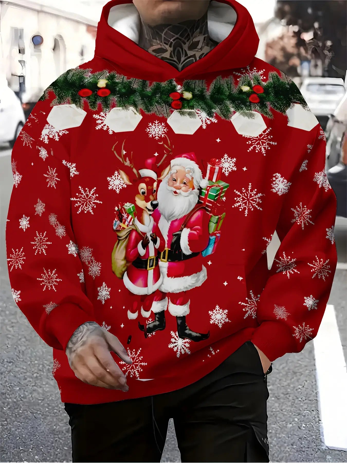 Men's Full-Body Snowflake & Santa Print Christmas Sweater Jacket with Pockets - Red Festive Hooded Pullover, Winter Party Outfit, Casual Seasonal Clothing, Durable for holiday Events & Daily Wear, PLUS SIZE