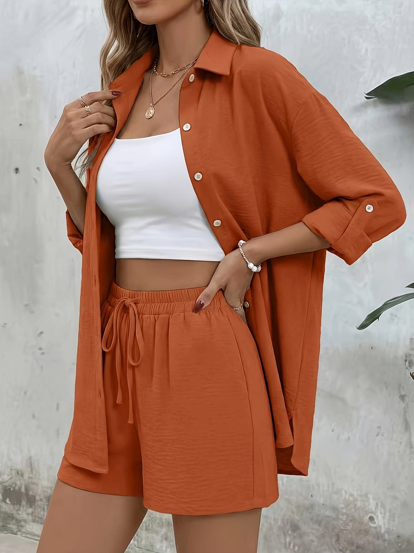 Women's Casual Long-Sleeve Shirt & High-Waist Shorts Set for Spring/Su