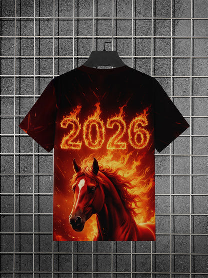 Men's 3D Horse & Flame Graphic T-Shirt with 2026 Number Design - Red & Black Casual Summer Tee, Regular Fit