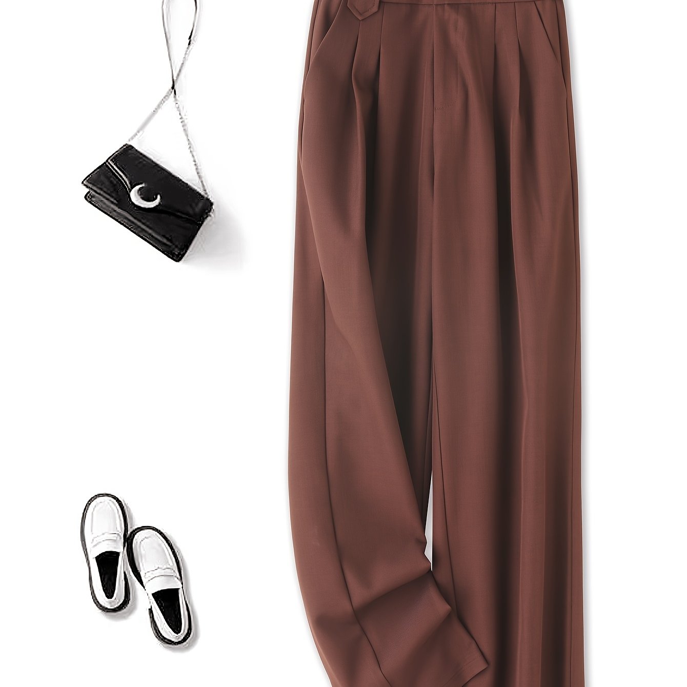 1pc Women'S High-Waist Casual Wide-Leg Trousers, Solid Color, Regular Fit Long Pants, Polyester Twill Fabric, with Button Closure for Work and Leisure - Seasonal Fashion