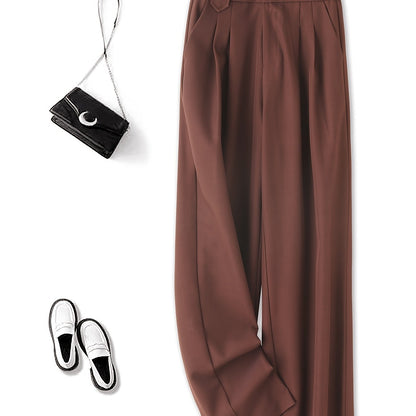 1pc Women'S High-Waist Casual Wide-Leg Trousers, Solid Color, Regular Fit Long Pants, Polyester Twill Fabric, with Button Closure for Work and Leisure - Seasonal Fashion