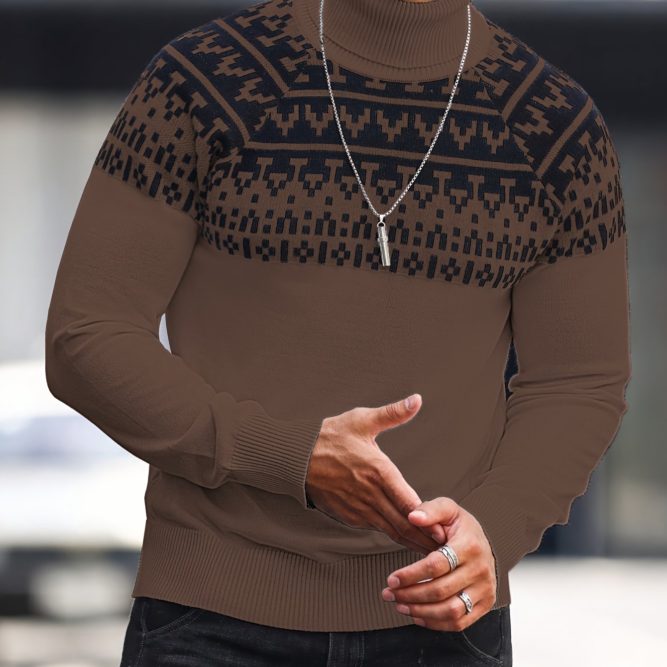 Տղամարդու երկրաչափական գրաֆիկական նախշերով տրիկոտաժե սվիտեր, աշնանային ձմեռային երկար թևքով կրիայով վզնոցով, բացօթյա հագուստի համար