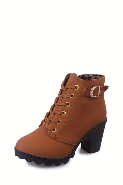 Women's Block Heeled Short Boots, Casual Lace Up Side Zipper Boots, Comfortable Ankle Boots