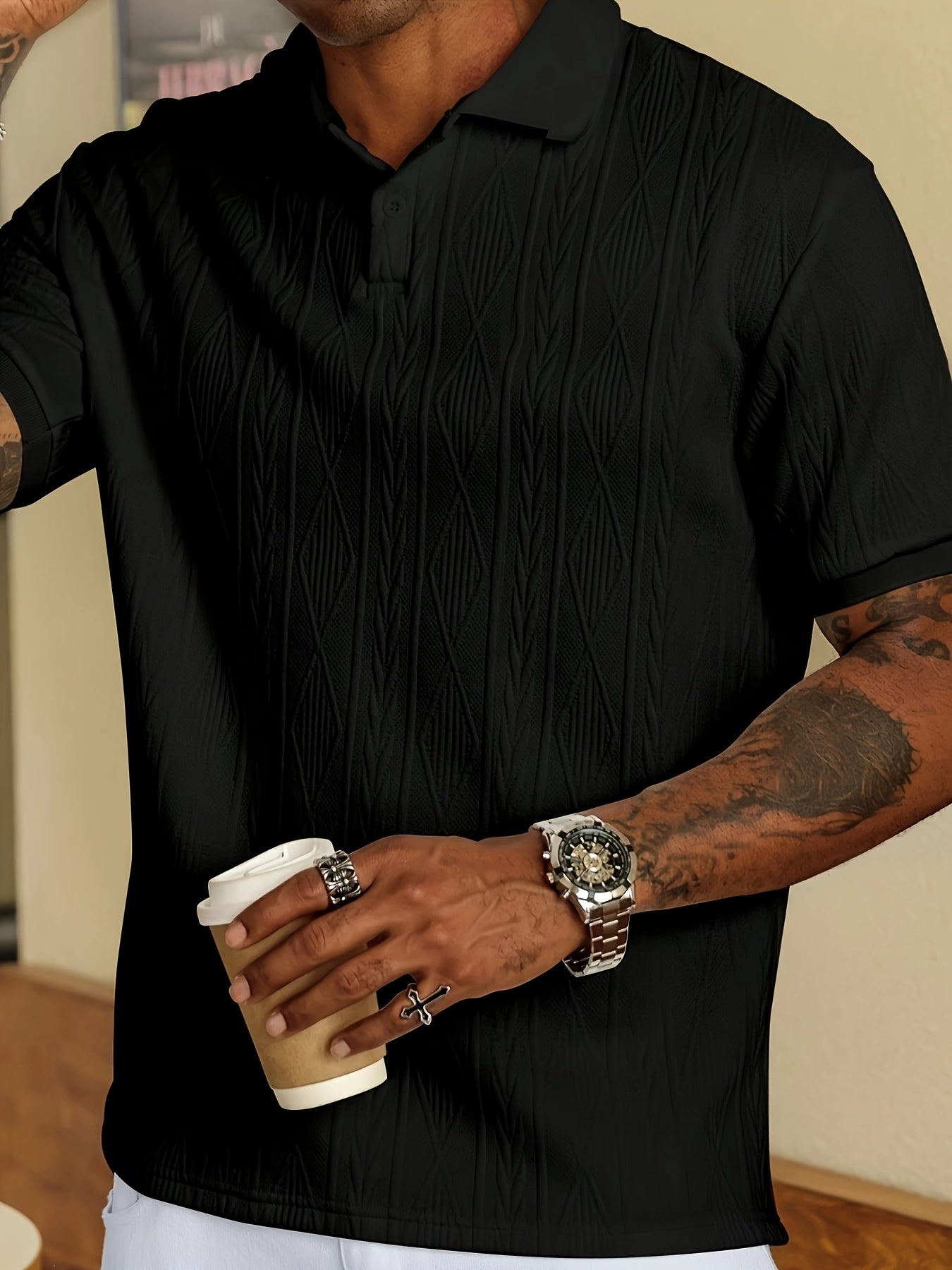 Men'S New Solid Color Top, Jacquard Design, Soft Fabric, Outdoor Casual Business Breathable Polo Shirt Golf Shirt, Suitable for Vacation and Business Occasions, Essential for Daily Leisure - ayq