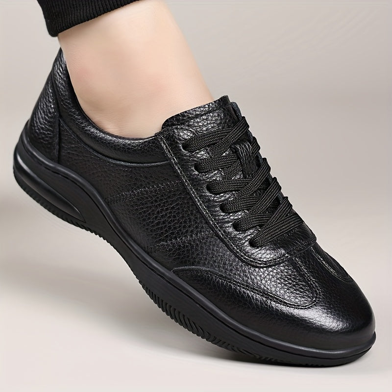 [Sneakers] Genuine Faux Leather Men'S Outdoor Casual Shoes - Comfortable And Versatile Soft Surface Lightweight Walking Shoes - High-Quality Black Lace-Up Minimalist Retro Rubber Sole Men'S Shoes - ayq