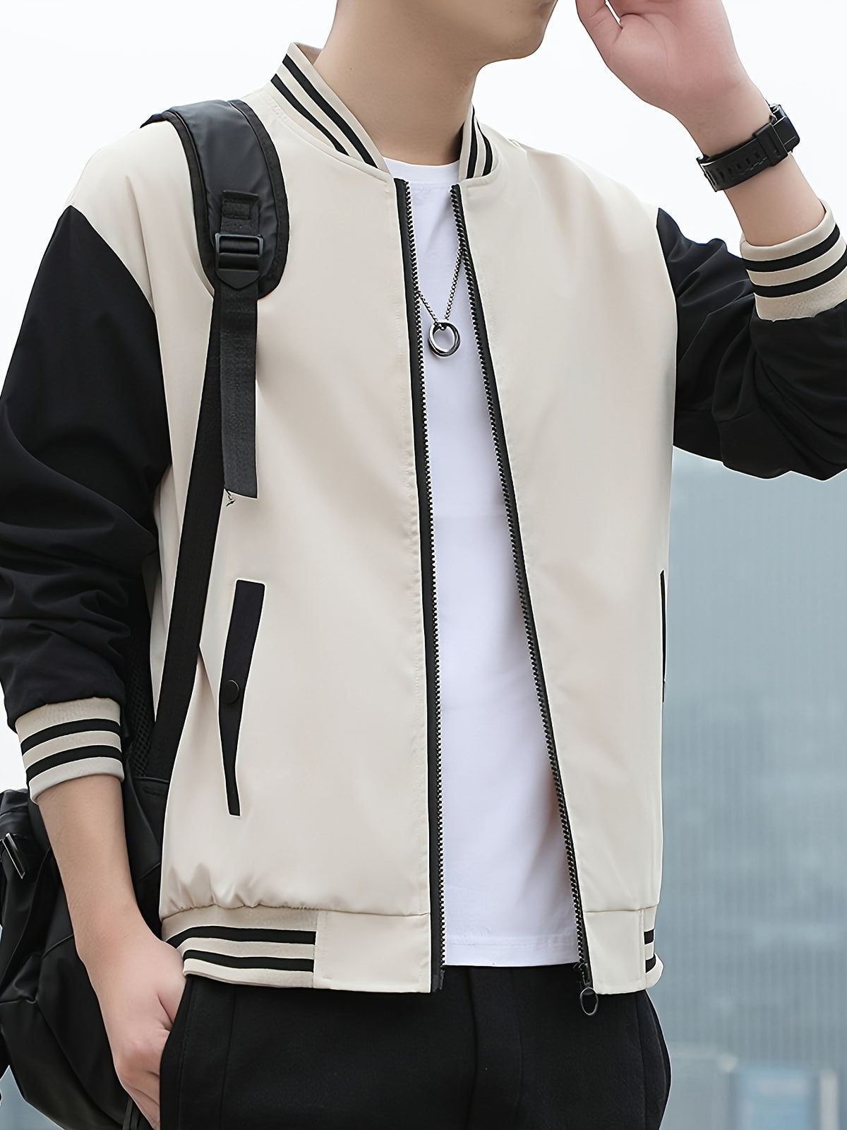 Men's Casual Autumn Jacket with Geometric Pattern, Polyester