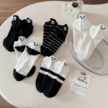Women's Cotton Ankle-Length Socks 5-Pair Set with Panda Embroidery, Breathable Moisture-Wicking Knit, Anti-Odor, Seamless Toe, Stretch Spandex Blend - Size 200 Needle Count