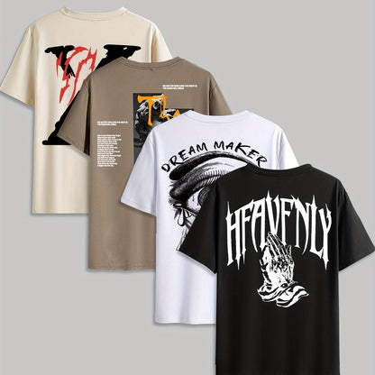 4pcs Men's Graphic Tees - "Heavenly"  More Designs, Casual Crew Neck Short Sleeve T-Shirts in Beige, Black, White - Lightweight Polyester for Summer Outdoor Wear