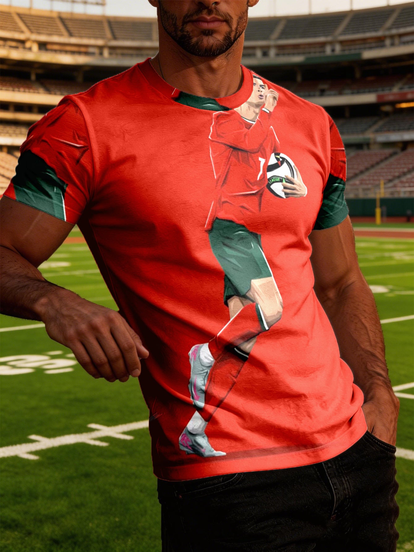 Men's Red Soccer Graphic Crew Neck T-Shirt - Lightweight Sports Tee