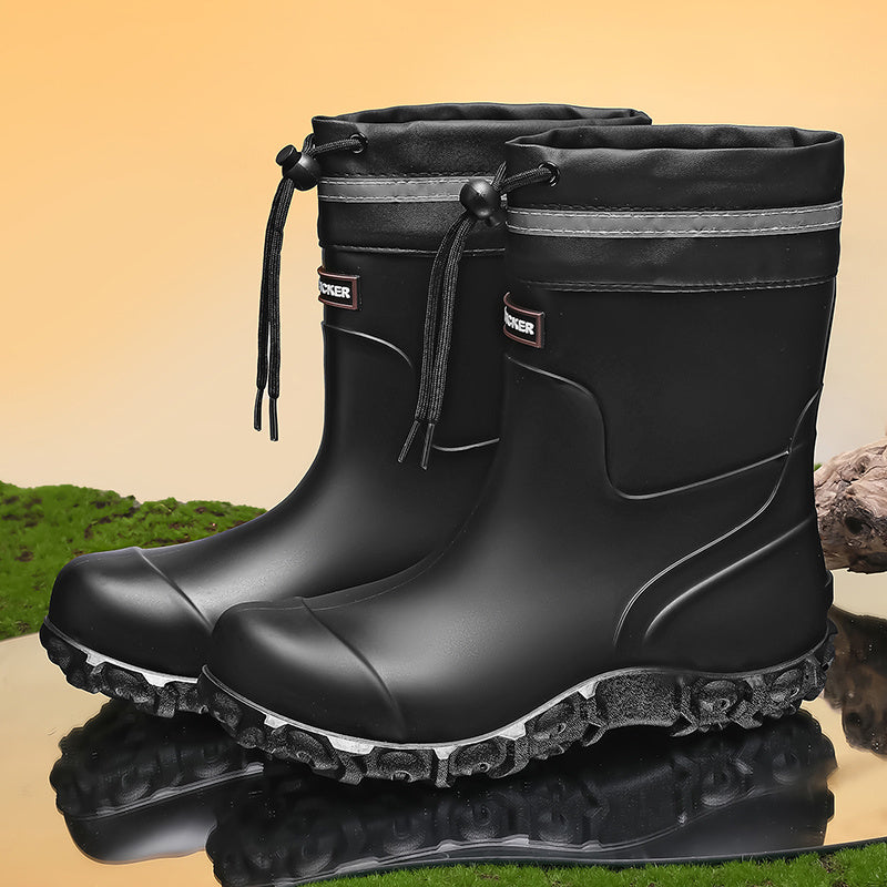 Men's Waterproof PU Rain Boots with Fleece Lining, Mid-Calf