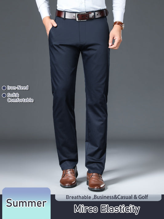 Men's Solid Color Straight Leg Business Style Cotton Blend Pants, Casual Comfy Breathable Outdoor Trousers As Gift