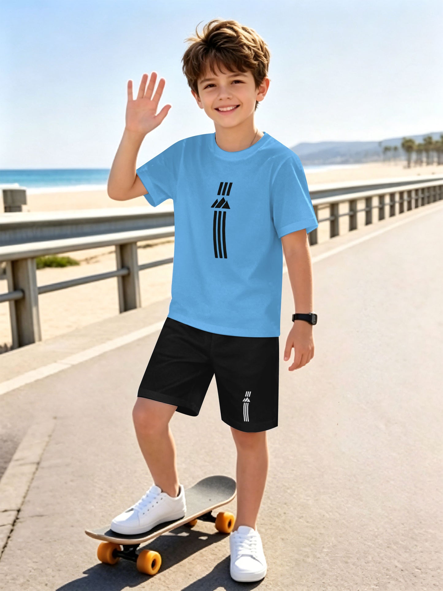 Boys' Casual Short Sleeve & Shorts Set with Geometric Print