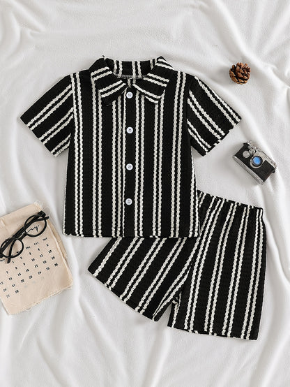 Boys' Summer Striped Waffle Knit Shirt & Shorts Set