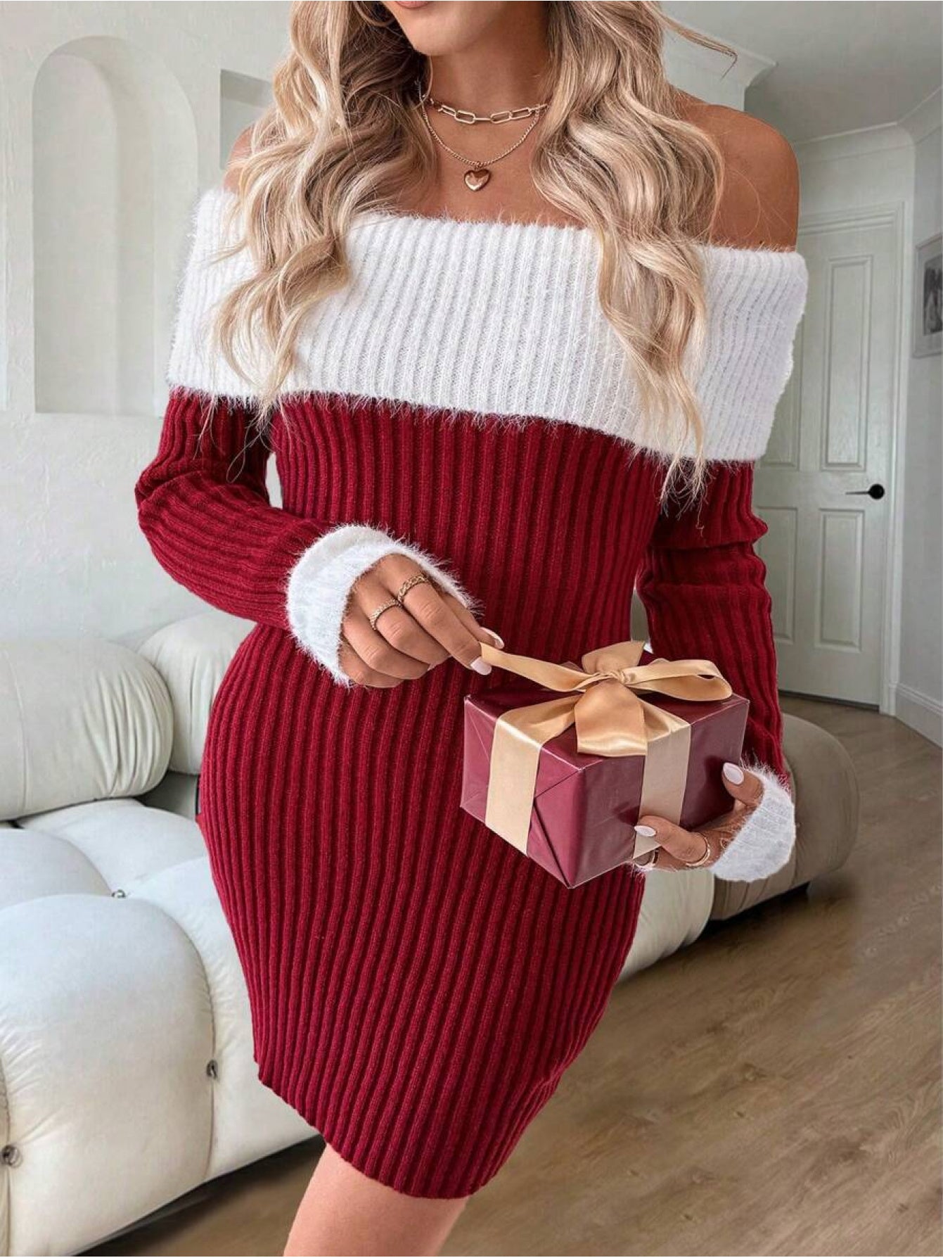 Կանացի էլեգանտ զգեստ՝ բաց ուսերով/նավակաձև դեկոլտեով, գունավոր բլոկներով կրծկալով և միագույն կտորով - Ձմեռային հարսանեկան հյուրի զգեստ, Սուրբ Ծննդյան երեկույթի զգեստ, ձեռքով լվացվող աշնանային/ձմեռային պաշտոնական հագուստ (ոչ)